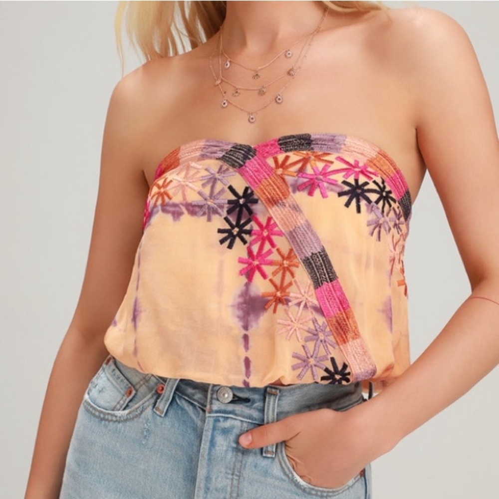 NWT Free People Feel Your Heartbeat Embroidered Peach Sunset Combo Strapless Top